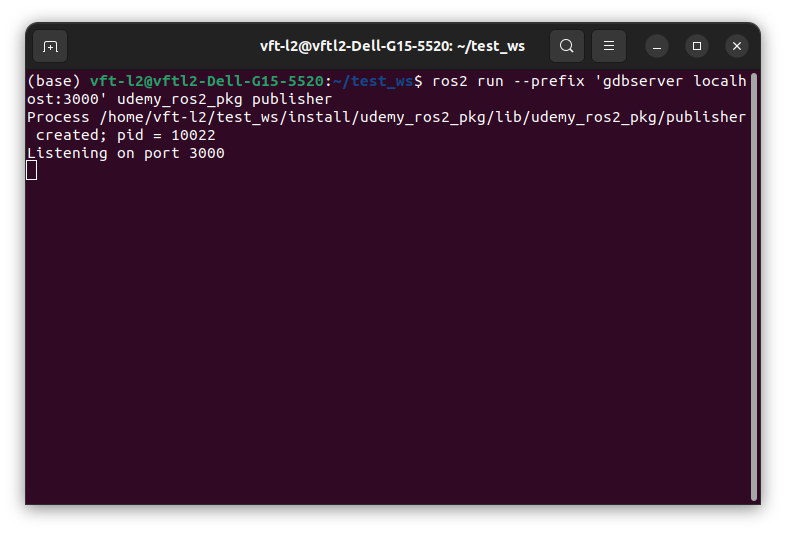 Terminal showing gdbserver listening on port 3000