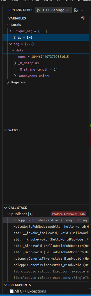 VS Code debug pane showing the call stack and variables at the time of the crash